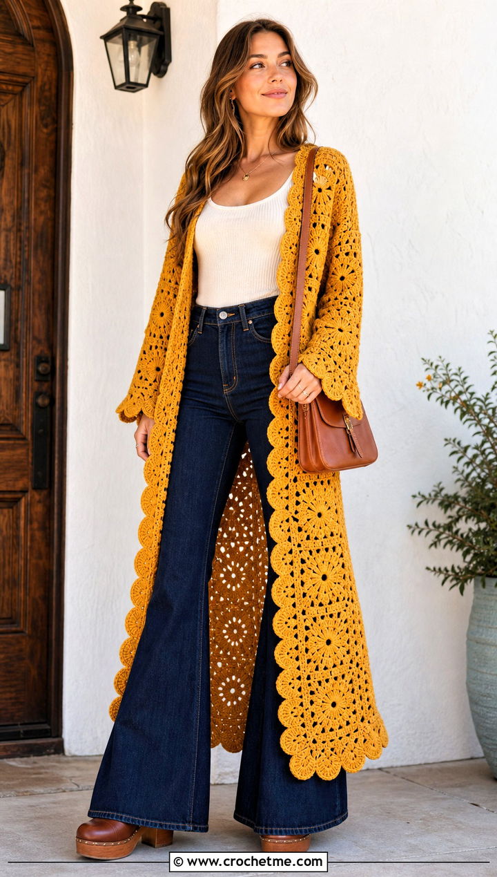 Scalloped Edge Granny Square Duster With Flared Jeans - 25 Crochet Granny Square Duster outfit ideas