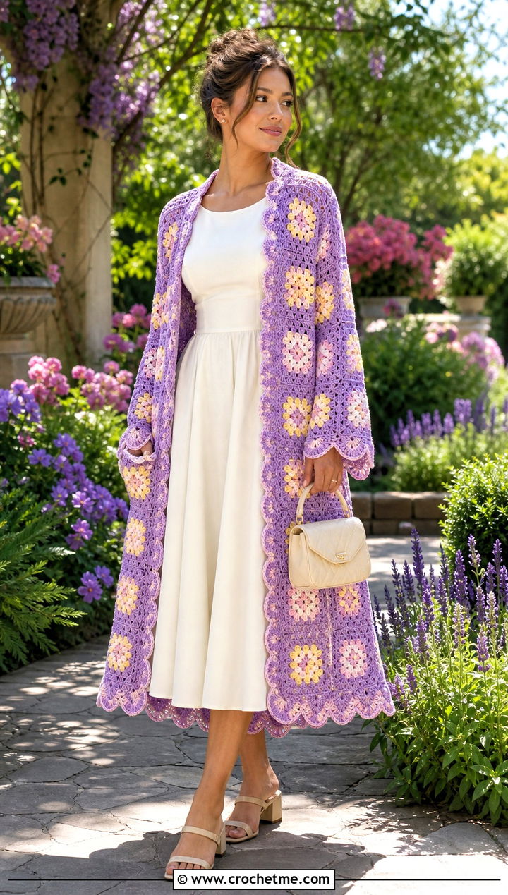 Scalloped Edge Granny Square Duster With Tea Dress - 35 granny square duster outfit ideas