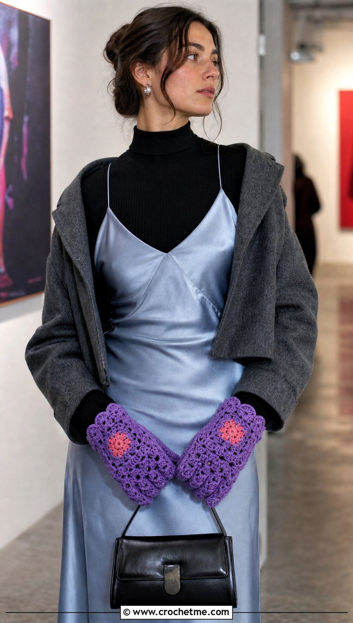 Scalloped Edge Granny Square Gloves With Slip Dress - 20 Fingerless Granny Square Gloves outfit ideas