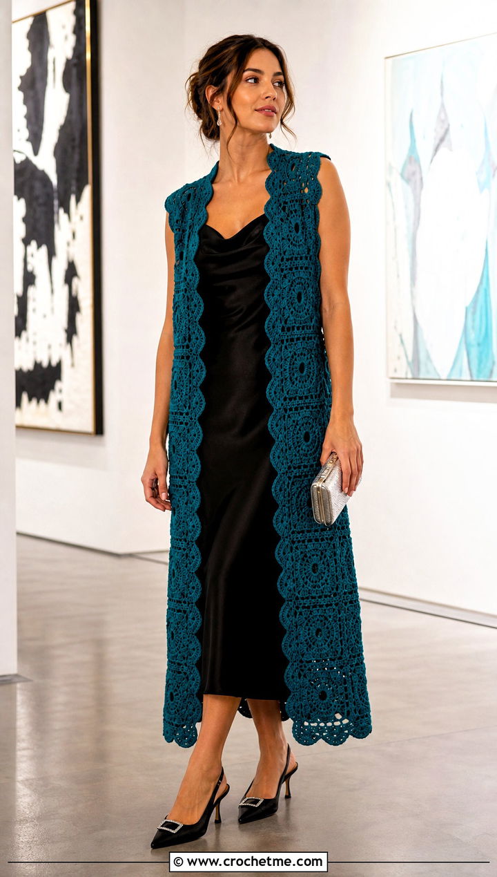 Scalloped Edge Granny Square Long Vest With Slip Dress And Heels - 20 Granny Square Long Vest outfit ideas