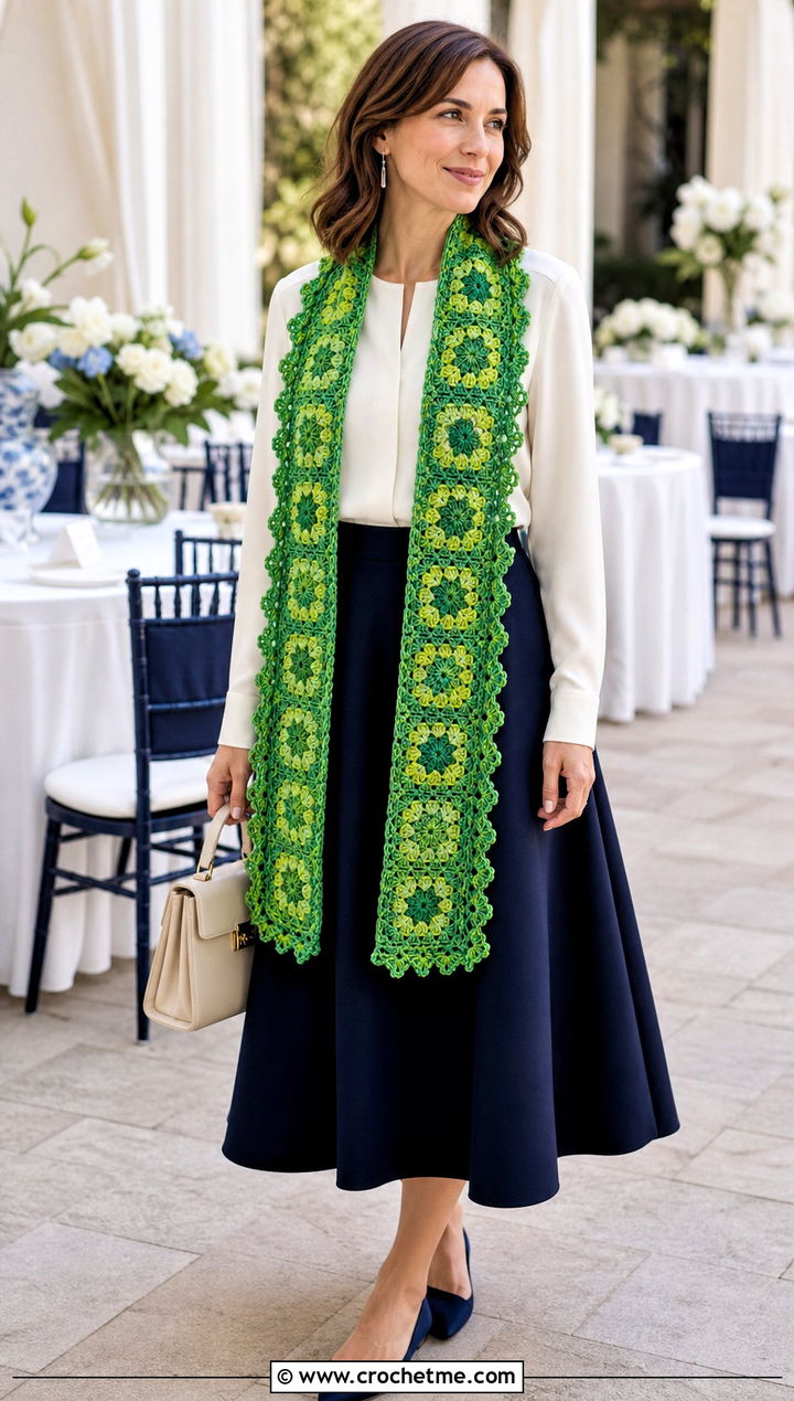 Scalloped Edge Granny Square Scarf With Blouse and A Line Skirt - 25 granny square scarves outfit ideas