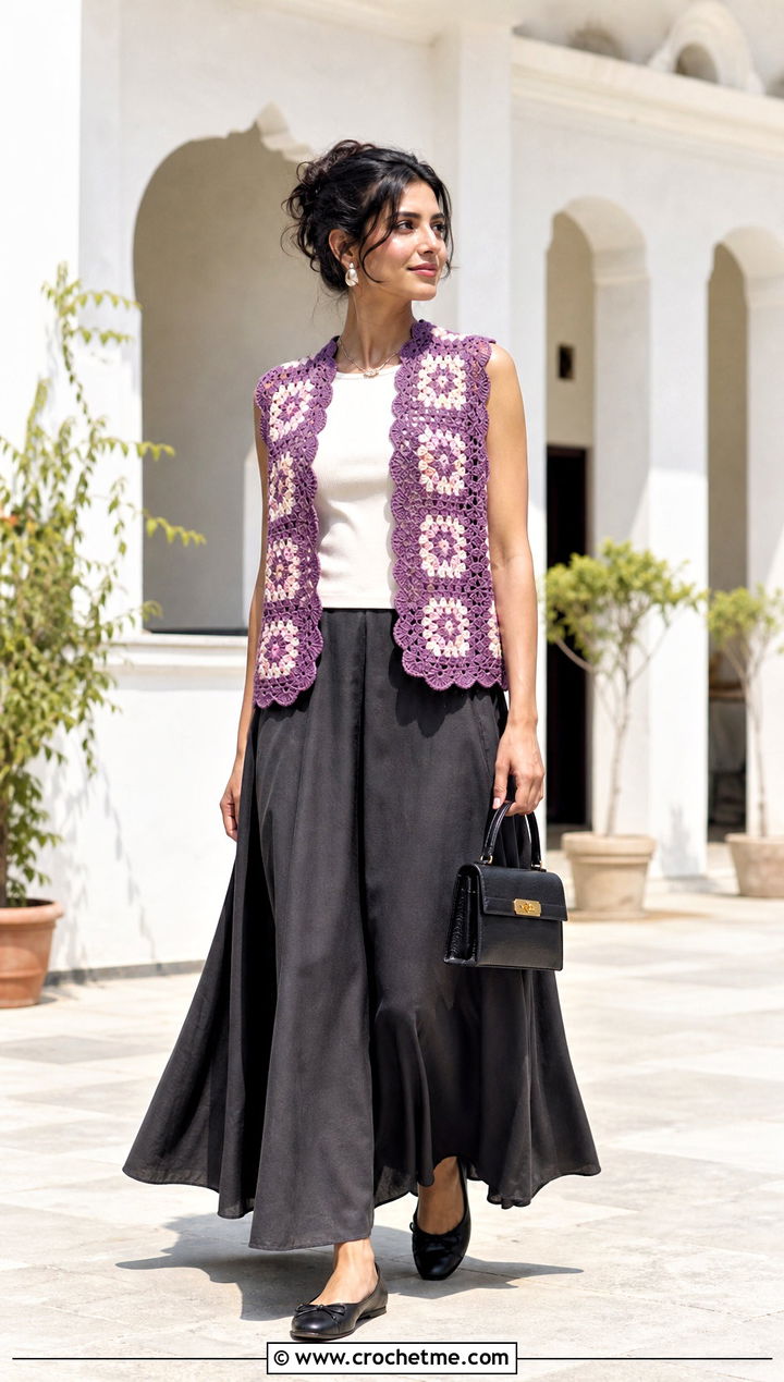 Scalloped Edge Granny Square Sleeveless Cardigan With Maxi Skirt - 30 granny square sleeveless cardigan outfit ideas