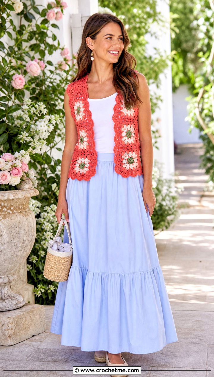 Scalloped Edge Granny Square Sleeveless Vest With Poplin Maxi Skirt - 20 Granny Square Sleeveless Vest outfit ideas