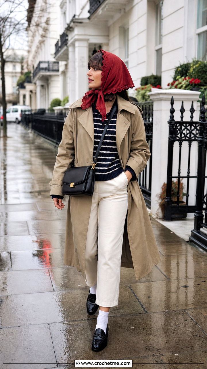 Scalloped Edge Head Scarf With Trench Coat And Loafers - 35 crochet head scarf outfit ideas