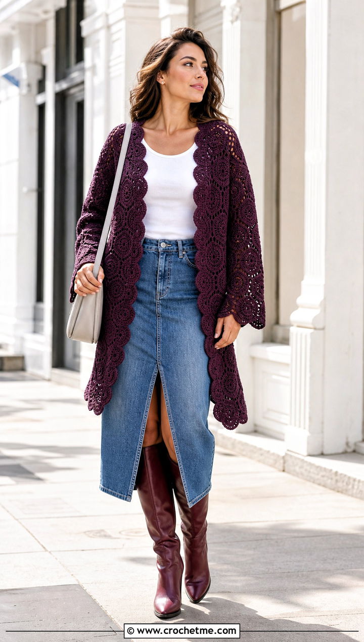 Scalloped Edge Hexagon Cardigan With Denim Midi Skirt - 35 granny square hexagon cardigan outfit ideas