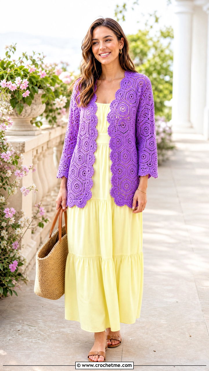 Scalloped Edge Hexagon Crochet Cardigan With Tiered Maxi Dress - 35 hexagon crochet cardigan outfit ideas