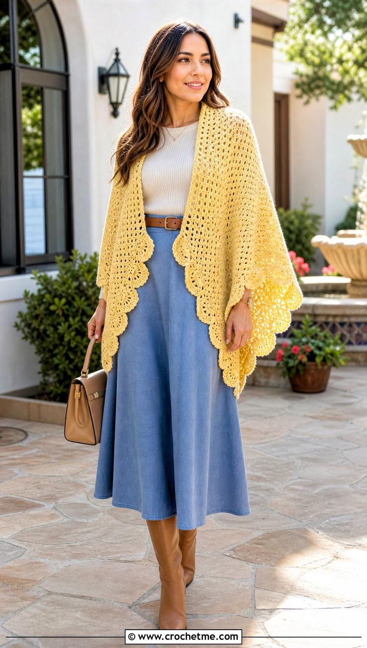 Scalloped Edge Hexagon Shawl With Midi Skirt - 20 Crochet Hexagon Shawl outfit ideas