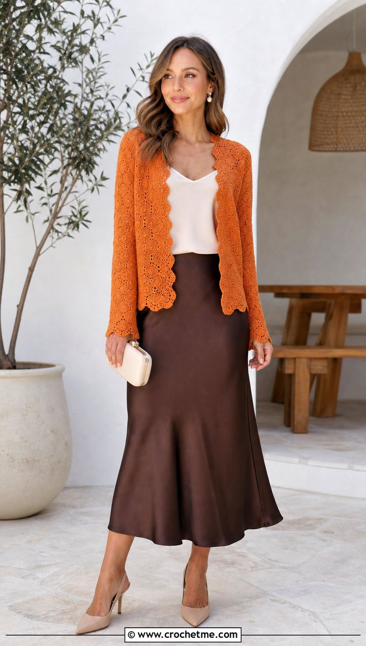 Scalloped Edge Hexi Cardigan With Satin Midi Skirt - 35 crochet hexi cardigan outfit ideas