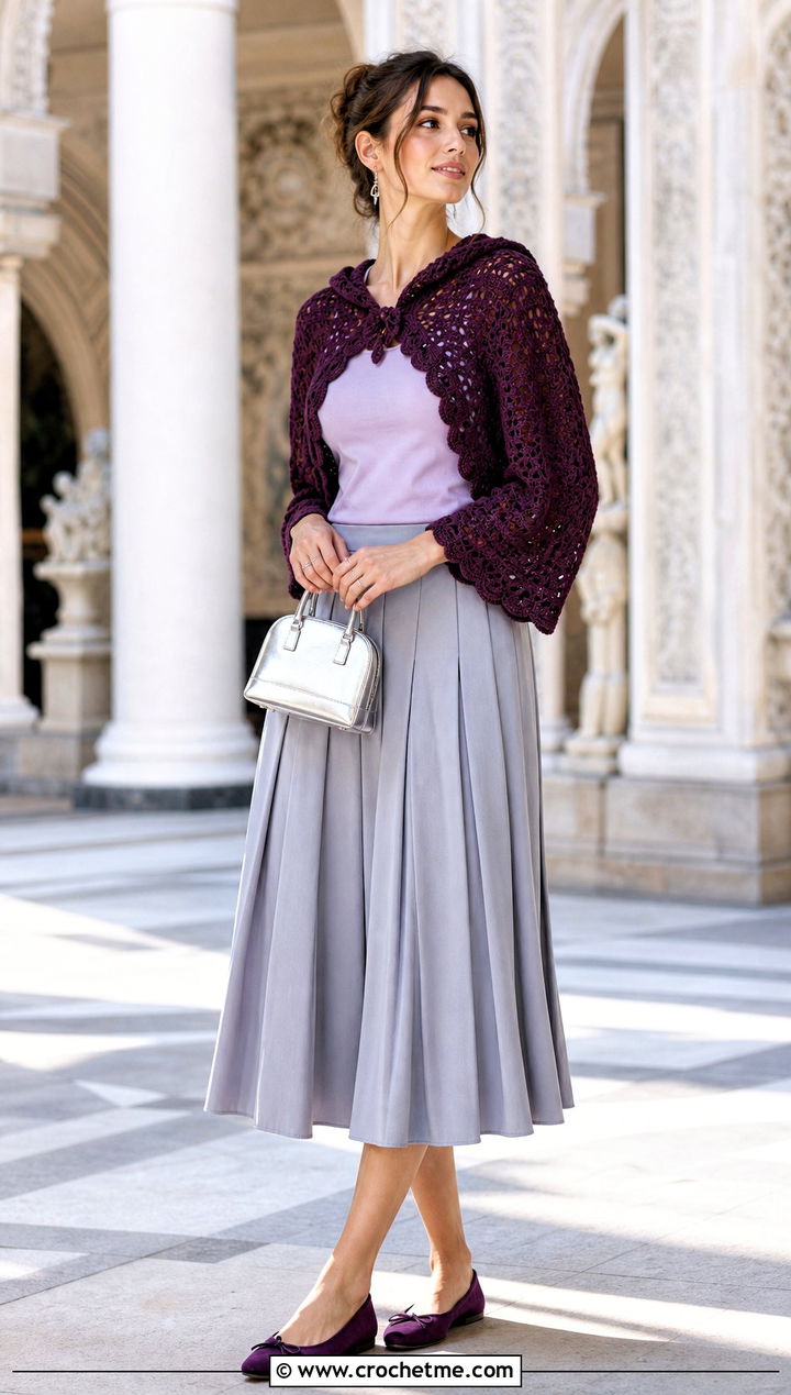 Scalloped Edge Hooded Crochet Bolero With Midi Skirt - 25 hooded crochet bolero outfit ideas