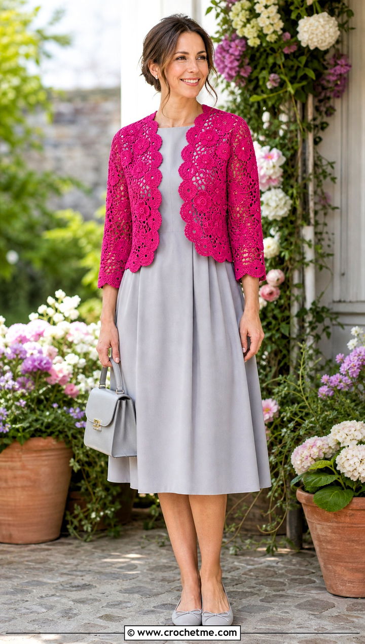 Scalloped Edge Irish Crochet Cardigan With Tea Dress - 25 Irish Crochet Cardigan outfit ideas