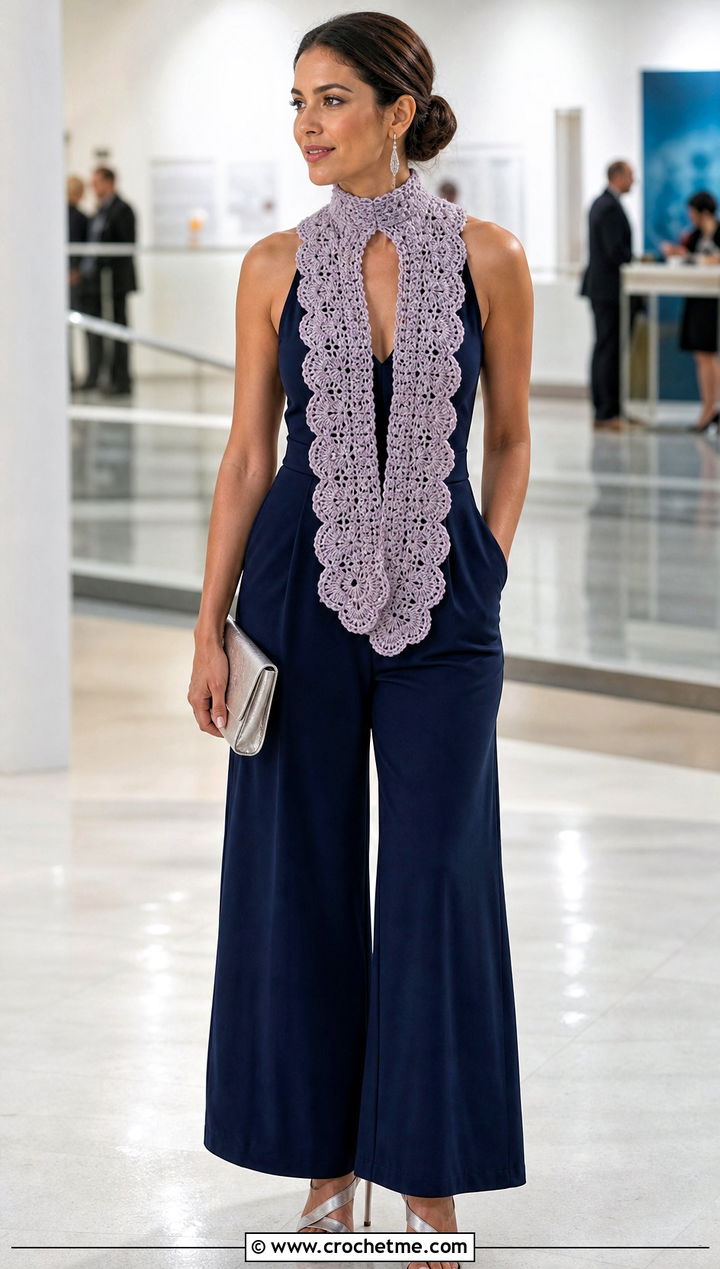 Scalloped Edge Keyhole Crochet Scarf With Jumpsuit - 25 Keyhole Crochet Scarf outfit ideas