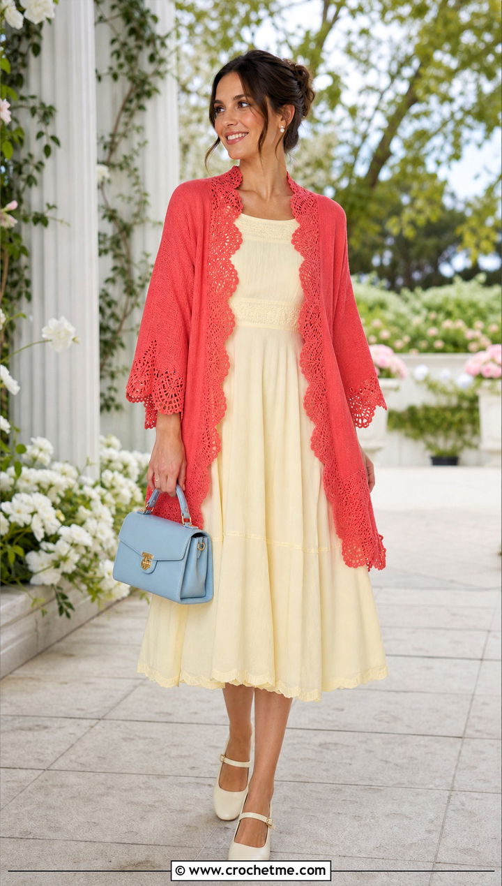 Scalloped Edge Kimono Cardigan With Tea Dress - 25 kimono crochet cardigan outfit ideas