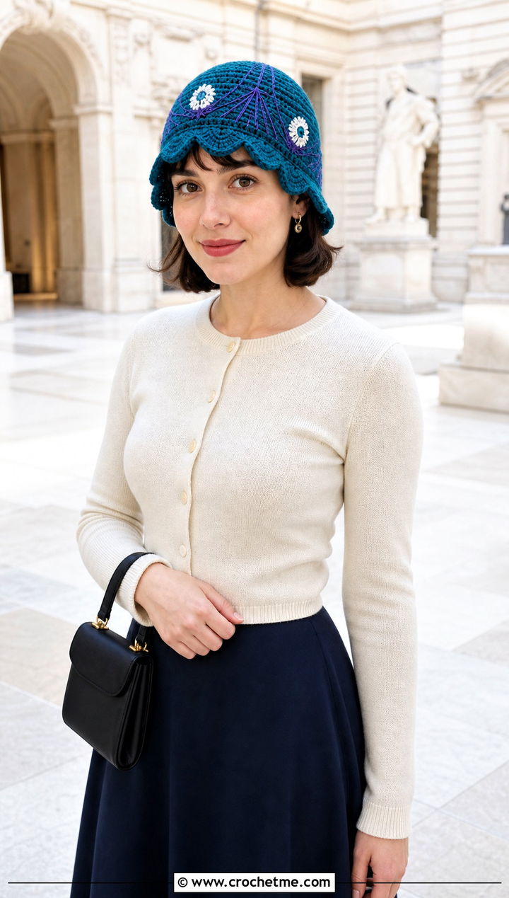 Scalloped Edge Mayday Crochet Beanie With Midi Skirt - 30 mayday crochet beanie outfit ideas