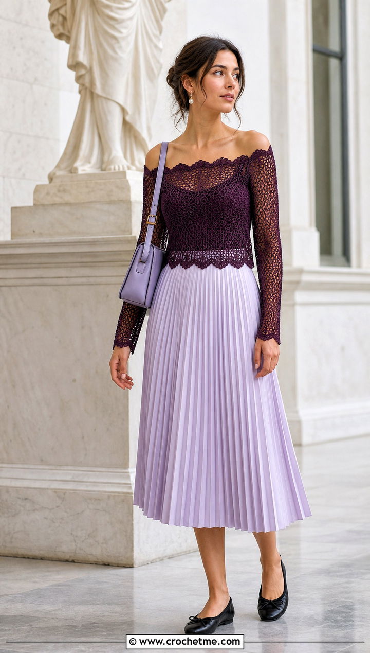 Scalloped Edge Mesh Off Shoulder Top With Pleated Midi Skirt - 25 crochet mesh off shoulder top outfit ideas