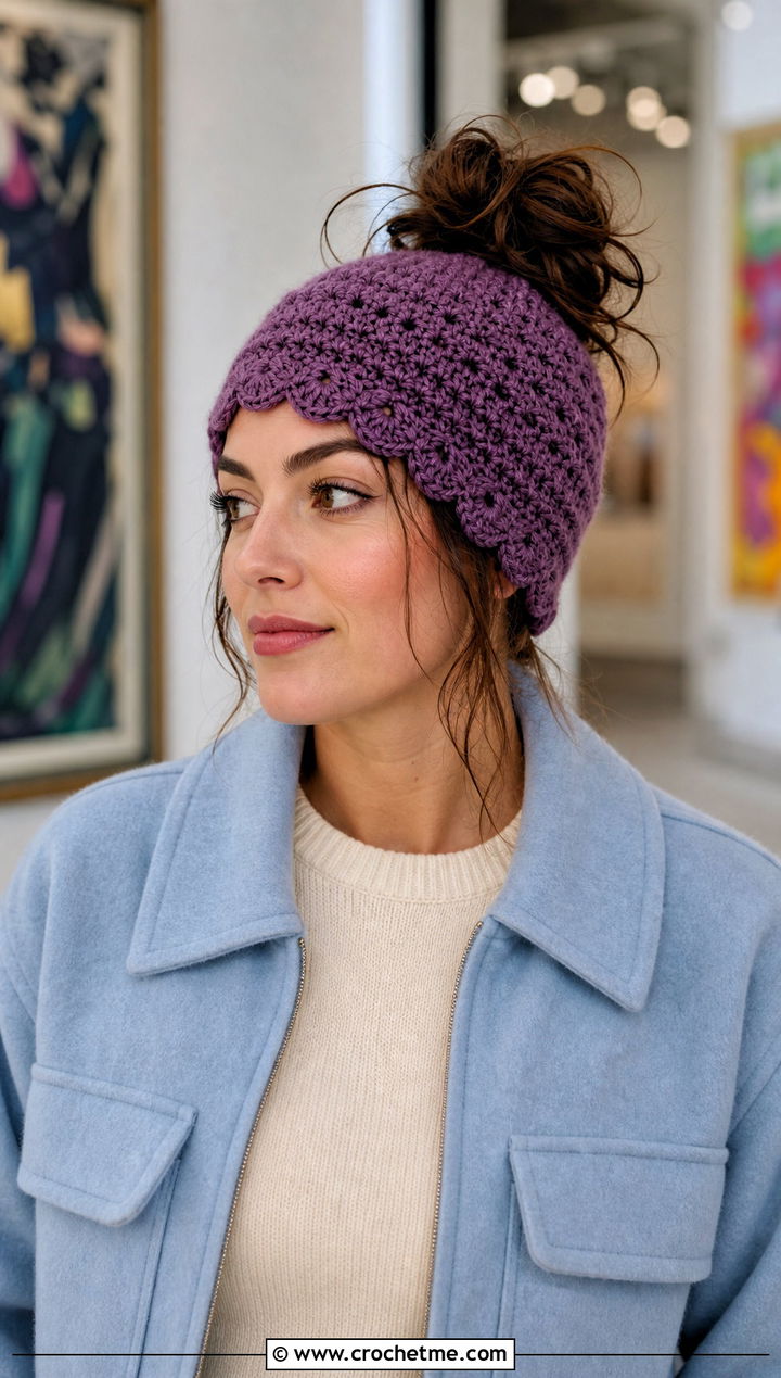 Scalloped Edge Messy Bun Crochet Beanie With Midi Skirt - 30 easy messy bun crochet beanie outfit ideas