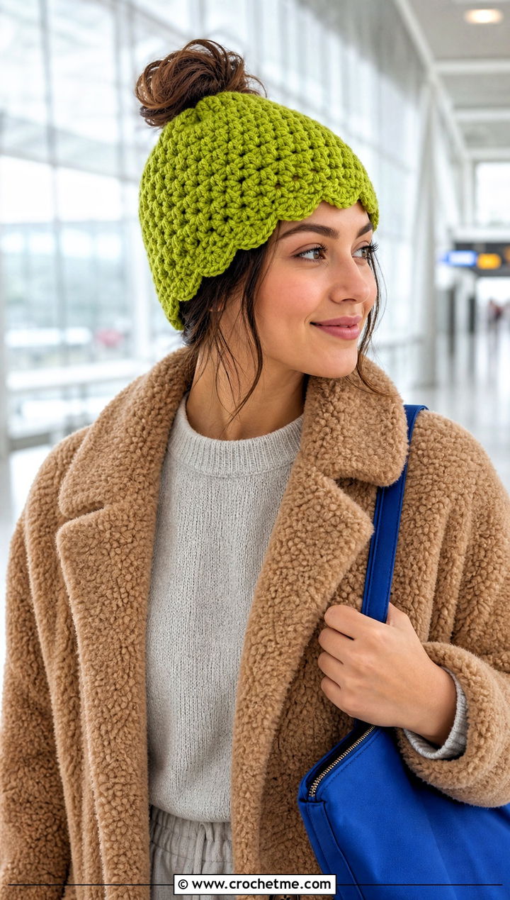 Scalloped Edge Messy Bun Crochet Hat With Teddy Coat - 25 Easy Messy Bun Crochet Hat outfit ideas