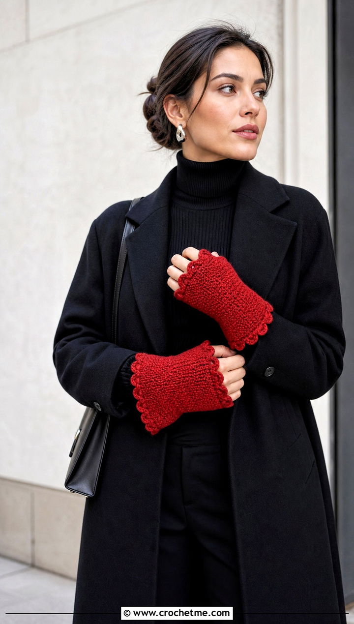 Scalloped Edge Moss Stitch Fingerless Gloves With Wool Coat - 15 Crochet Moss Stitch Fingerless Gloves outfit ideas