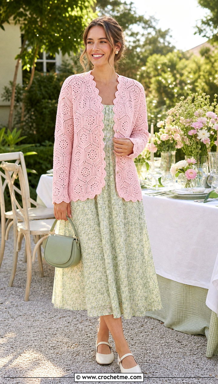 Scalloped Edge Octagon Crochet Cardigan With Tea Dress - 25 Octagon Crochet Cardigan outfit ideas