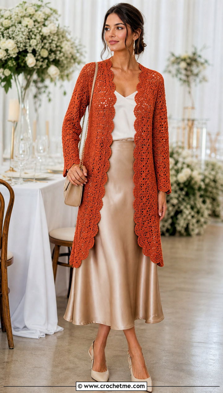 Scalloped Edge One Piece Crochet Cardigan With Satin Midi Skirt - 35 one piece crochet cardigan outfit ideas