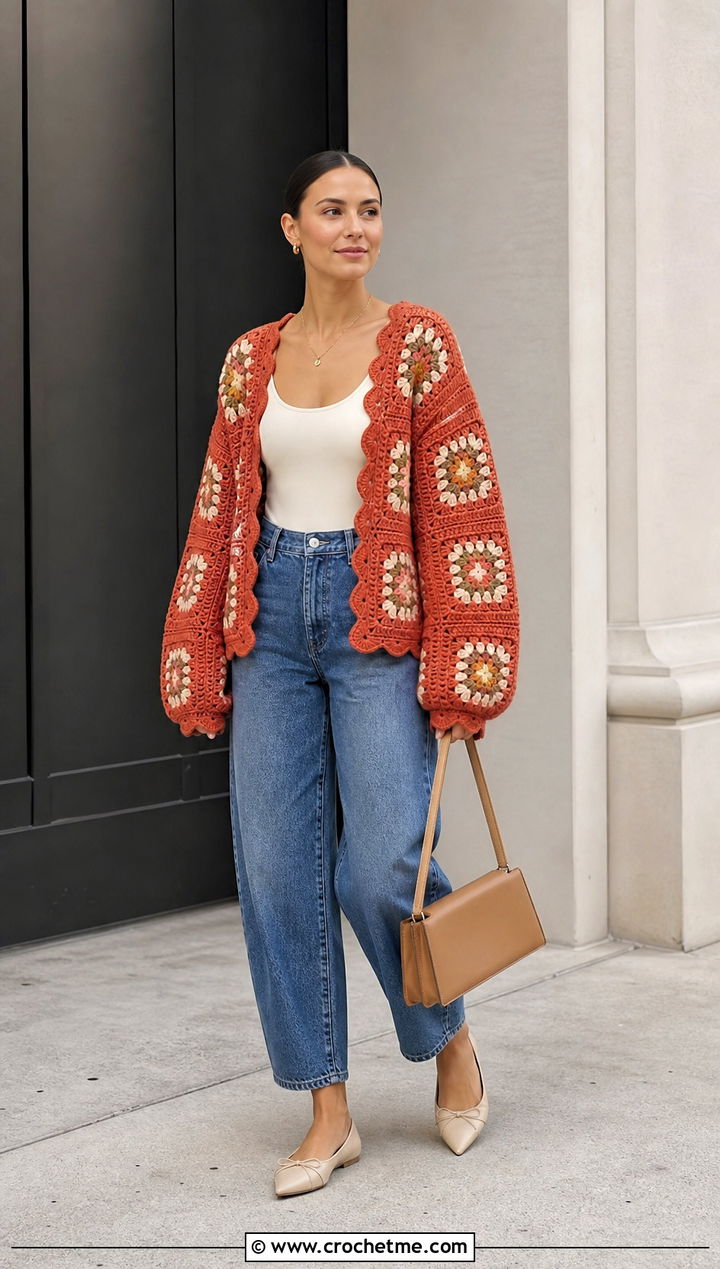 Scalloped Edge Oversized Granny Square Cardigan With Barrel Jeans - 25 Oversized Granny Square Cardigan outfit ideas
