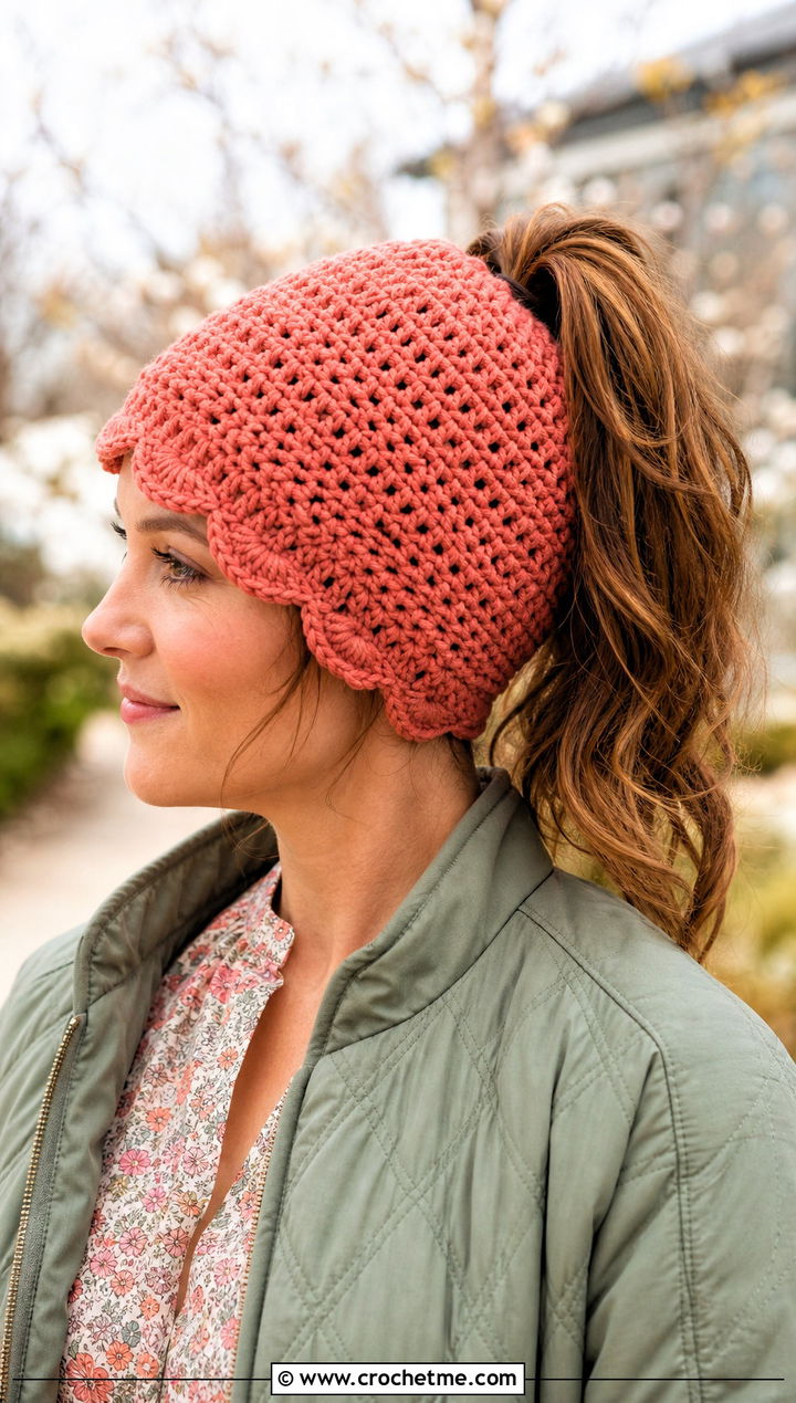 Scalloped Edge Ponytail Beanie With Quilted Jacket And Floral Dress - 30 crochet beanie with ponytail hole outfit ideas
