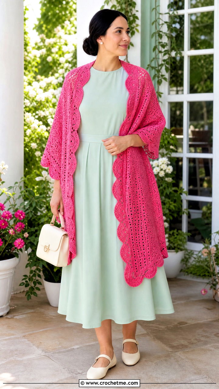 Scalloped Edge Prayer Shawl With Midi Dress - 35 crochet prayer shawl outfit ideas