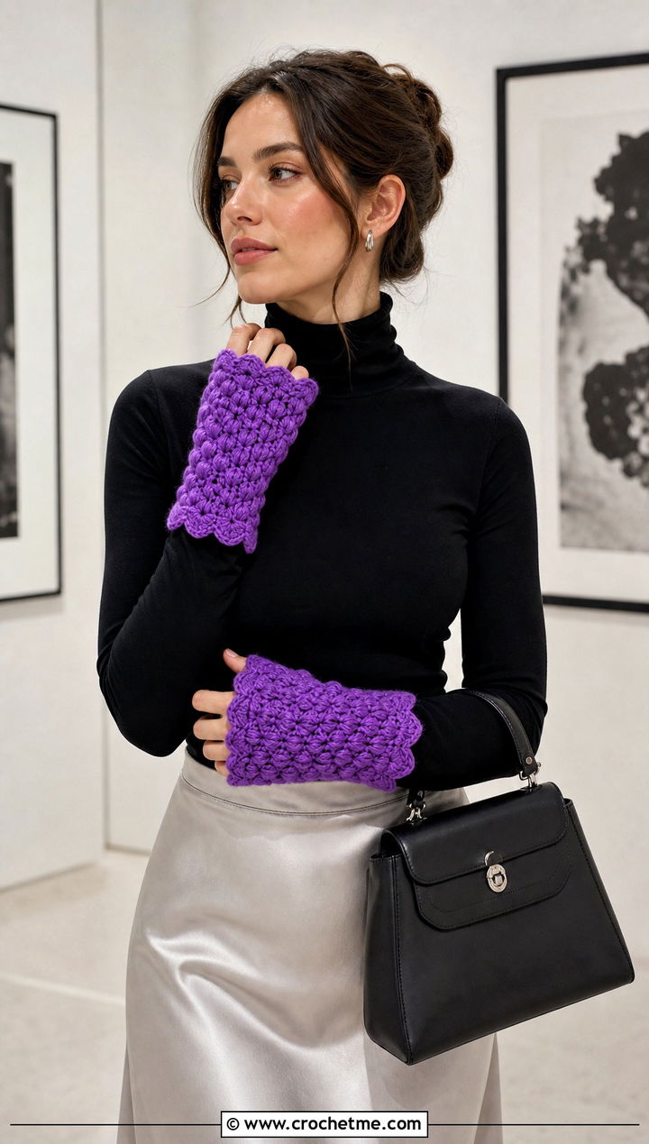 Scalloped Edge Puff Stitch Fingerless Gloves With Satin Midi Skirt - 15 Crochet Puff Stitch Fingerless Gloves outfit ideas