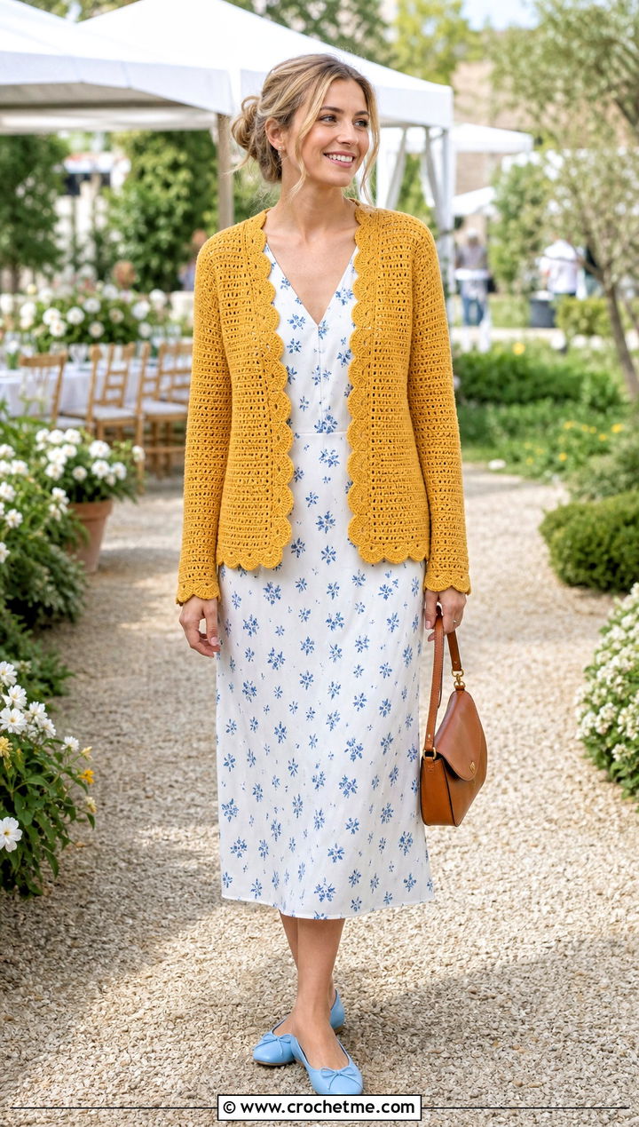 Scalloped Edge Rectangle Cardigan With Floral Dress - 20 Crochet Cardigan From Rectangle outfit ideas