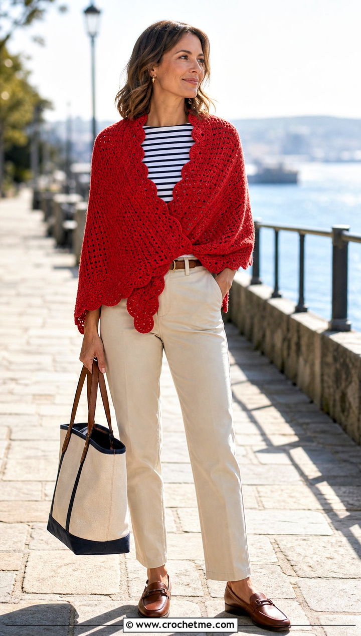 Scalloped Edge Rectangle Crochet Shawl With Chinos - 20 Rectangle Crochet Shawl outfit ideas