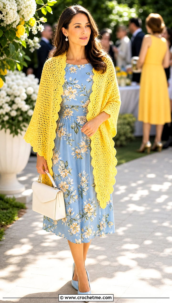Scalloped Edge Rectangle Shawl With Floral Midi Dress - 25 Easy Crochet Rectangle Shawl outfit ideas
