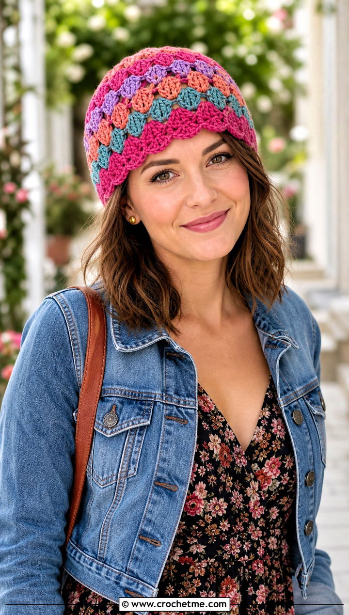 Scalloped Edge Scrap Yarn Crochet Beanie With Floral Dress - 30 scrap yarn crochet beanie outfit ideas