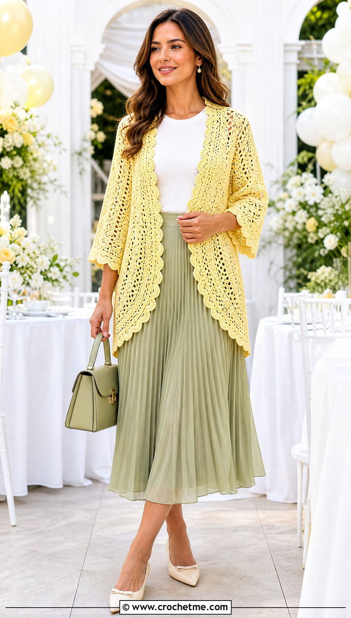 Scalloped Edge Shawl Crochet Cardigan With Pleated Skirt - 25 Shawl Crochet Cardigan outfit ideas