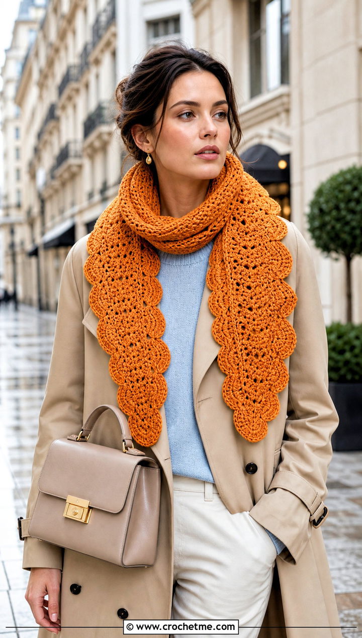 Scalloped Edge Shell Scarf With Trench Coat - 25 crochet shell scarf outfit ideas