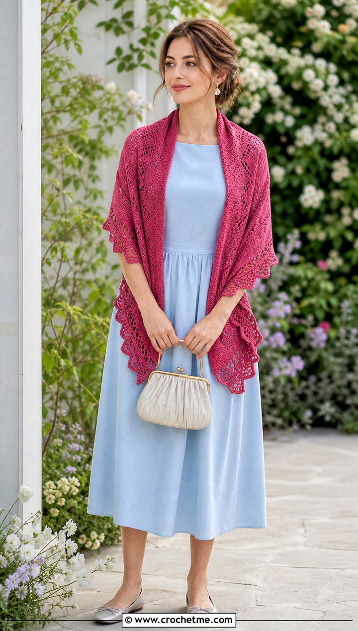 Scalloped Edge Sleeve Scarf With Tea Length Dress - 25 crochet double sleeve scarf outfit ideas