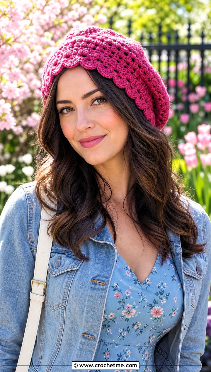 Scalloped Edge Slouchy Crochet Beret With Floral Dress - 25 Slouchy Crochet Beret outfit ideas