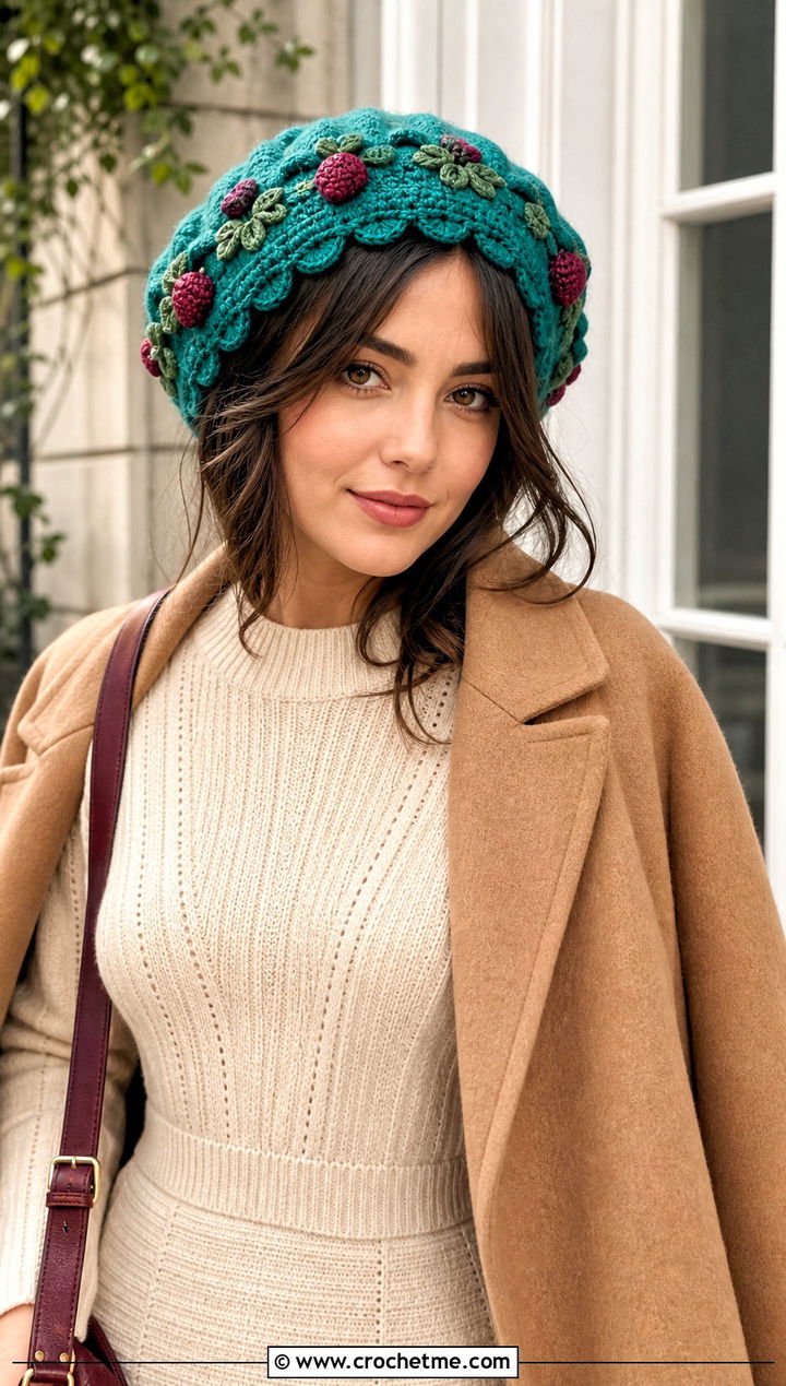 Scalloped Edge Strawberry Crochet Beret With Midi Dress - 25 strawberry crochet beret outfit ideas