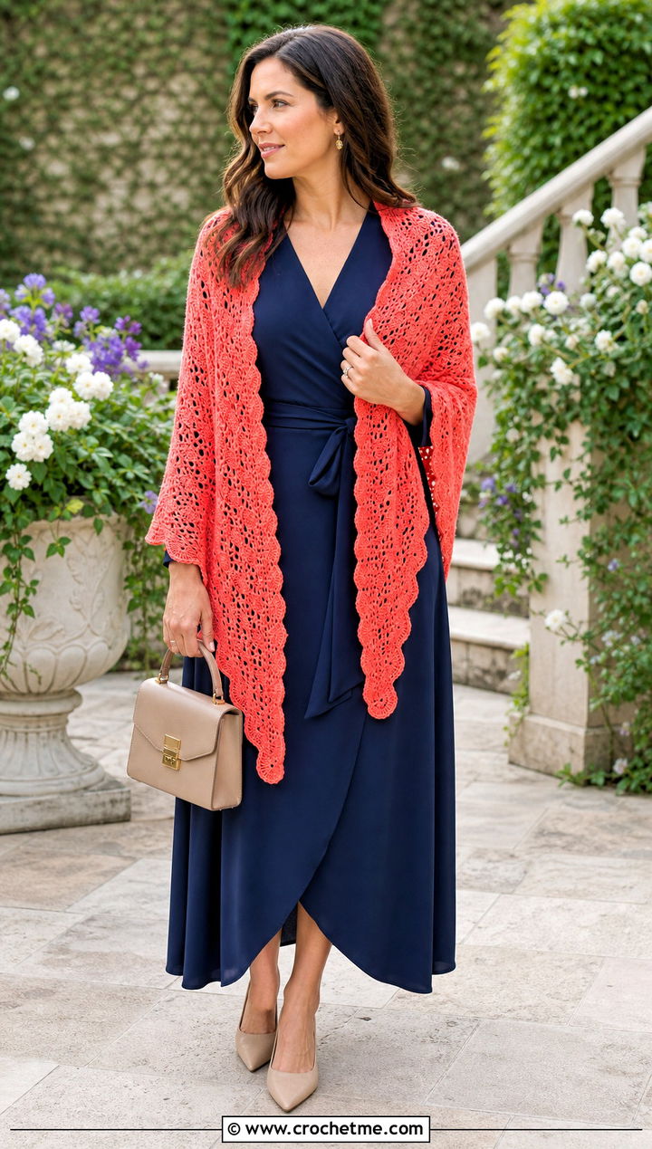 Scalloped Edge Triangle Crochet Shawl With Wrap Dress And Heels - 30 easy triangle crochet shawl outfit ideas
