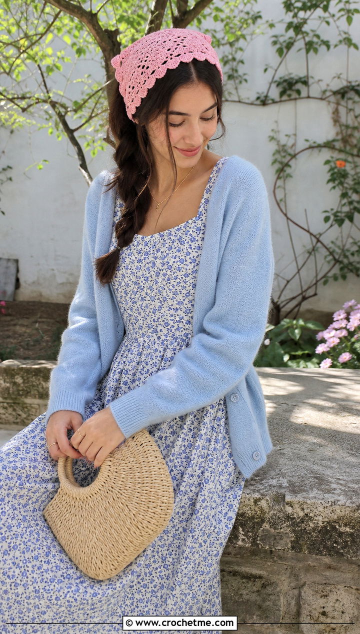 Scalloped Edge Triangle Headband With Floral Midi Dress - 30 crochet triangle headband outfit ideas