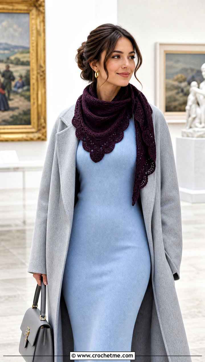 Scalloped Edge Triangle Scarf With Knit Dress - 25 Crocheted Triangle Scarf outfit ideas