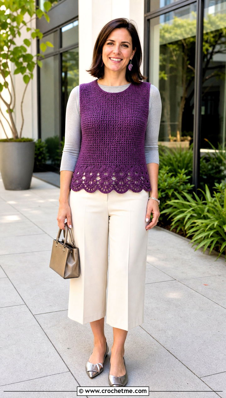 Scalloped Edge Tunisian Crochet Sweater Vest With Culottes - 25 tunisian crochet sweater vest outfit ideas