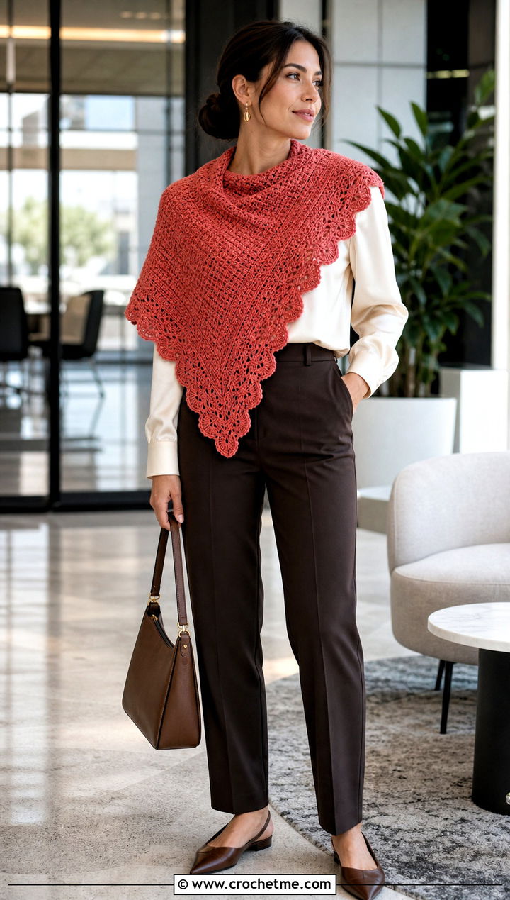 Scalloped Edge Tunisian Crochet Triangle Shawl With Satin Blouse - 25 Tunisian Crochet Triangle Shawl outfit ideas