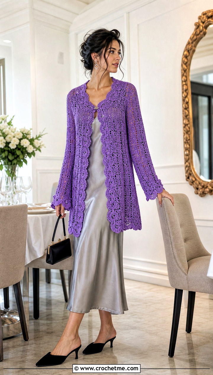 Scalloped Edge Victorian Crochet Cardigan With Slip Dress - 15 Victorian Style Crochet Cardigan outfit ideas