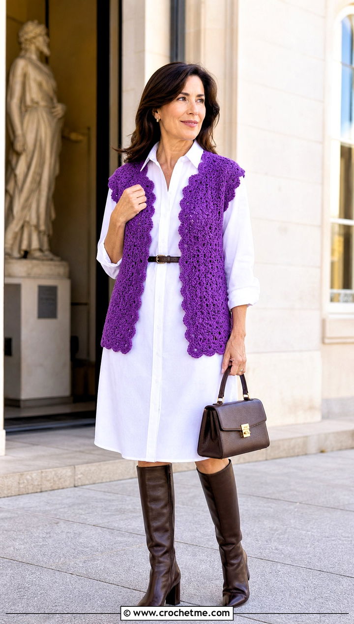 Scalloped Edge Vintage Crochet Vest With White Shirt Dress - 25 Vintage Crochet Vest outfit ideas