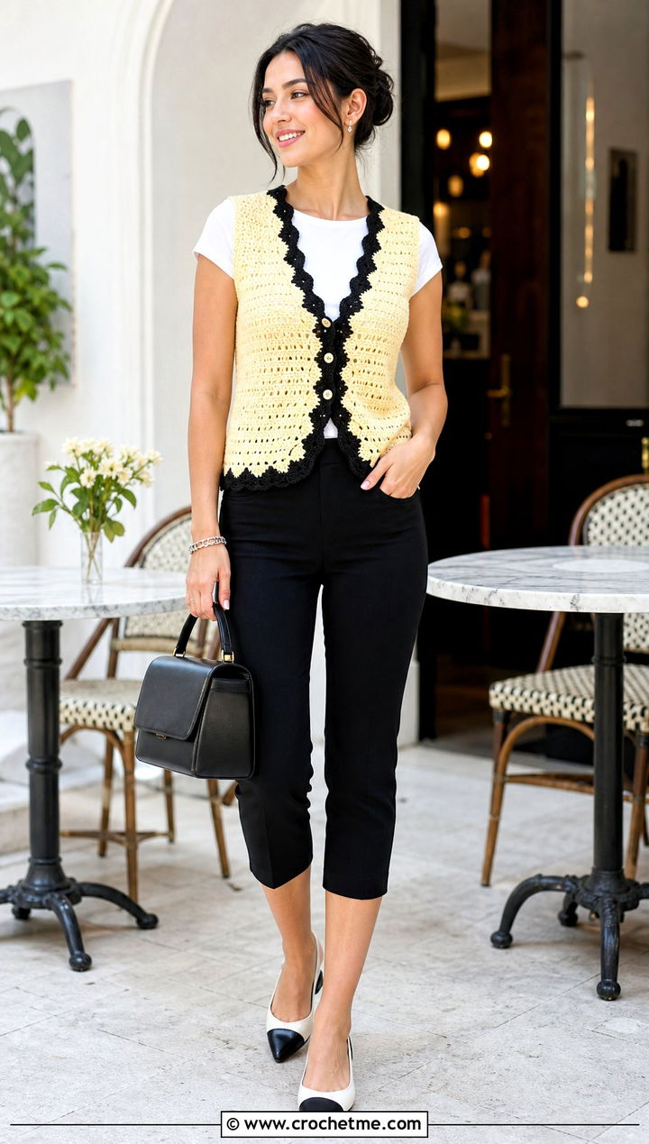 Scalloped Edge Wednesday Crochet Vest With Capri Pants - 30 wednesday crochet vest outfit ideas