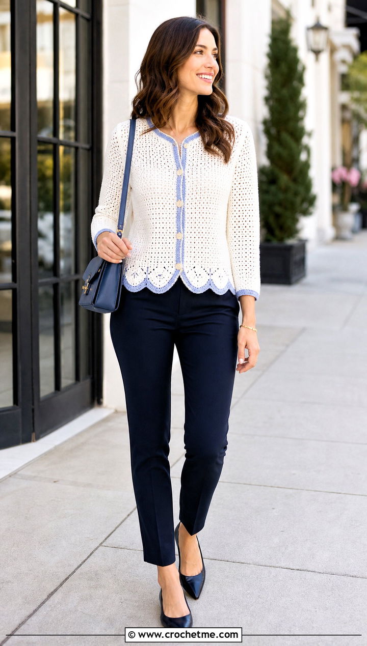Scalloped Edge White Crochet Cardigan With Ankle Pants - 35 crochet white cardigan outfit ideas