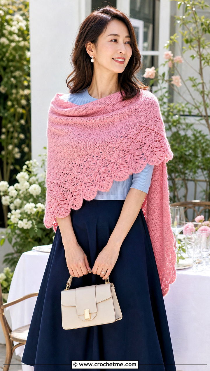 Scalloped Edge Wingspan Shawl With Midi Skirt - 15 Crochet Wingspan Shawl outfit ideas