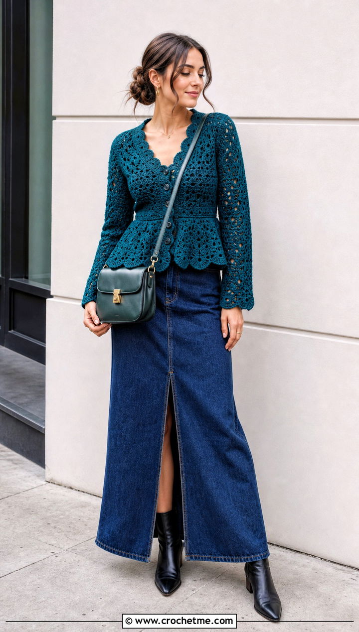 Scalloped Eyelet Crochet Peplum Cardigan With Denim Maxi Skirt - 25 Crochet Peplum Cardigan outfit ideas