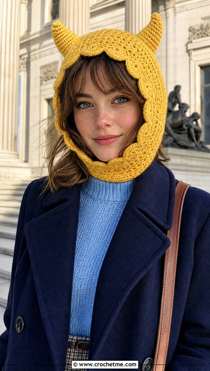 Scalloped Face Crochet Devil Horn Balaclava With Peacoat - 20 crochet devil horn balaclava outfit ideas