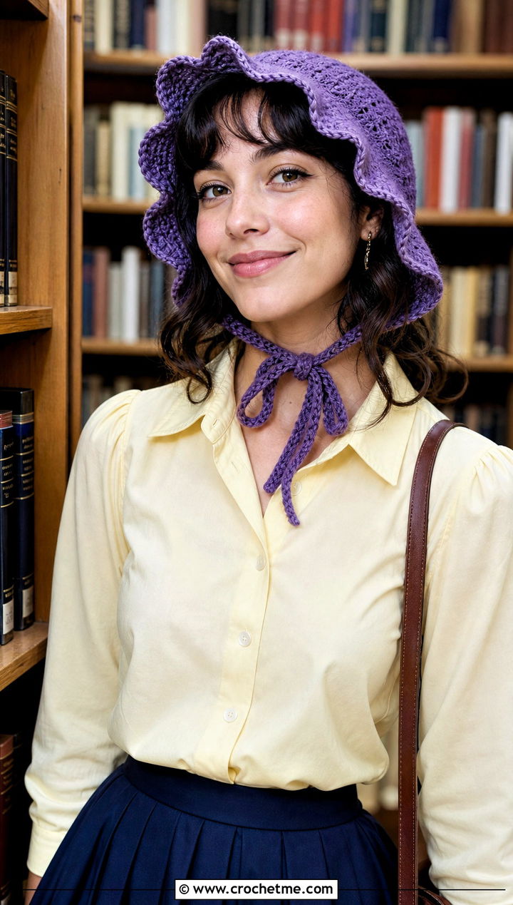 Scalloped Fairy Bonnet With Blouse And Pleated Skirt - 20 Crochet Fairy Hat outfit ideas