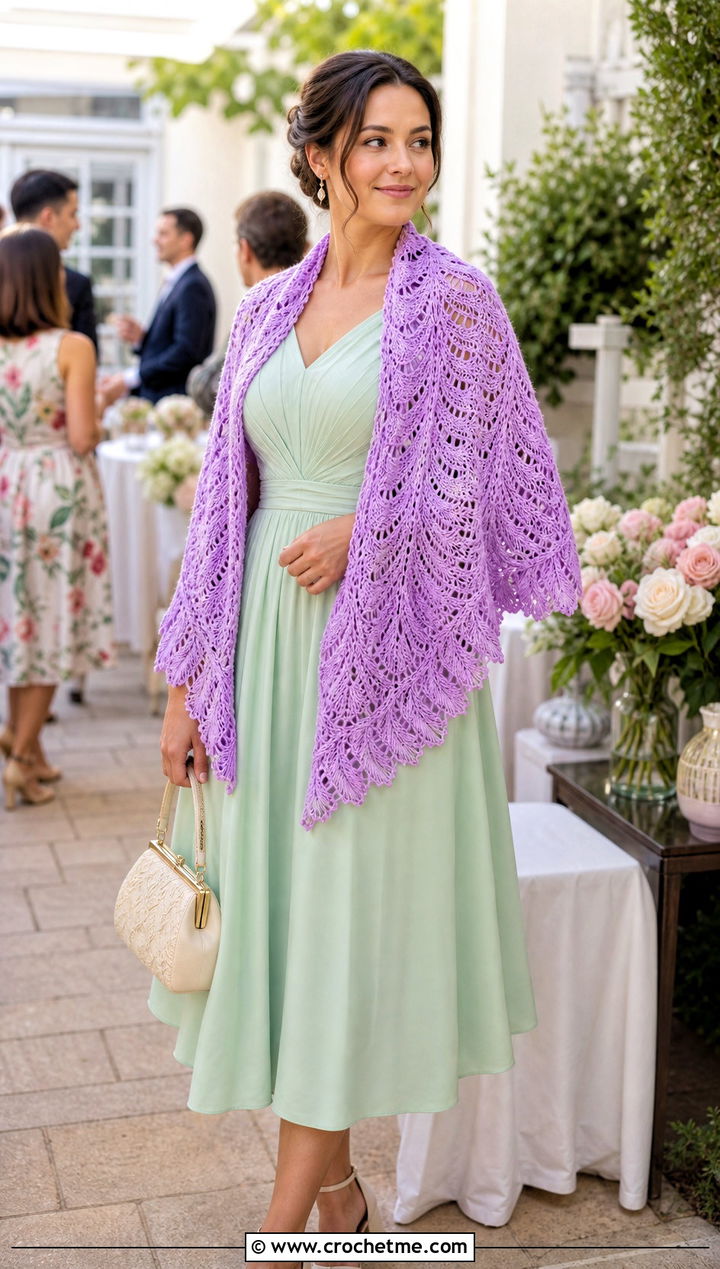 Scalloped Feather Crochet Shawl With Tea Dress - 30 crochet feather shawl outfit ideas